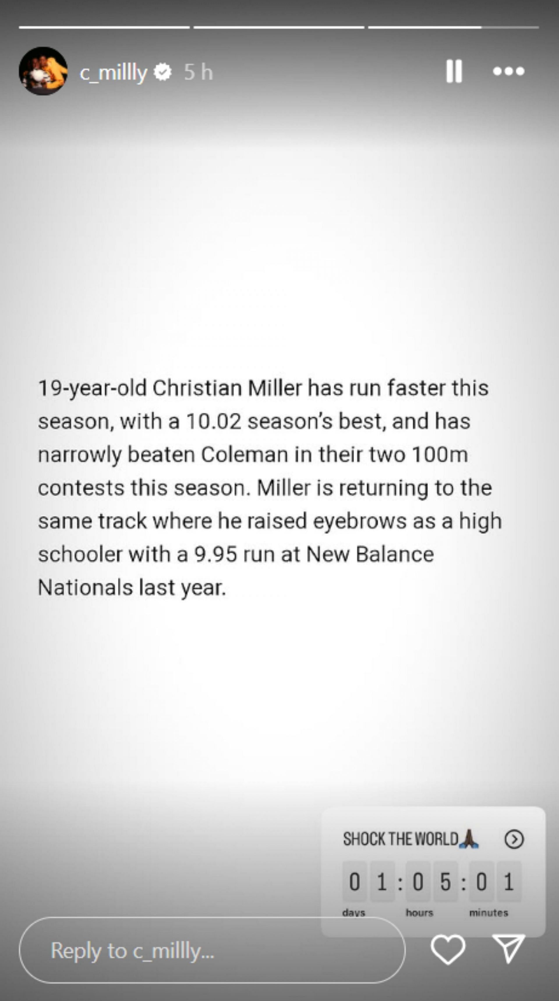 Christian Miller sent strong message before GST stint; Instagram - @c_milly